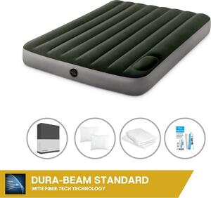 Letto ad aria Intex - 2 persone - 137 x 191 x 25 cm - Verde - Con pompa a pedale incorporata + lenzuolo nero + cuscino + federe Molton 2 in 1 + set di riparazione