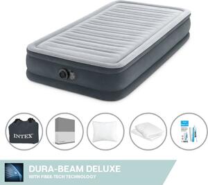 Intex Airbed - 1 persona - 99 x 191 x 33 cm - Grigio - Con pompa incorporata + lenzuola antracite + cuscino + federe Molton 2 in 1 + set di riparazione