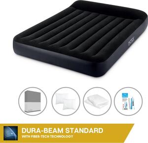 Letto ad aria Intex - 2 persone - 152 x 203 x 25 cm - Nero - Con pompa incorporata + lenzuola antracite + cuscino + federe Molton 2 in 1 + set di riparazione