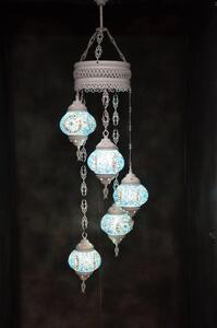 Lampada a sospensione in vetro blu colorato con 5 sfere a mosaico, lampada da soffitto in stile marocchino orientale color bianco crema