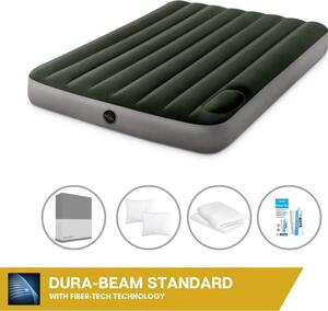 Letto ad aria Intex - 2 persone - 137 x 191 x 25 cm - Verde - Con pompa a pedale incorporata + lenzuola antracite + cuscino + federe Molton 2 in 1 + set di riparazione