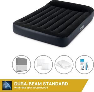 Letto ad aria Intex - 2 persone - 137 x 191 x 25 cm - Nero - Con pompa incorporata + lenzuola antracite + cuscino + federe Molton 2 in 1 + set di riparazione