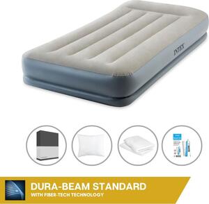 Intex Airbed - 1 persona - 99 x 191 x 30 cm - Grigio - Con pompa incorporata, lenzuolo nero, cuscino, federe Molton 2 in 1 e set di riparazione