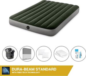 Letto ad aria Intex - 2 persone - 137 x 191 x 25 cm - Verde - Con pompa + lenzuola antracite + cuscino + federe Molton 2 in 1 + set di riparazione