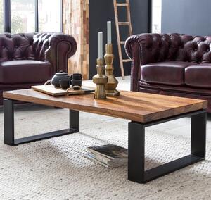 Tavolino FineBuy in legno massello di sheesham 115 cm · Tavolino da salotto rettangolare con base a pattini in metallo · Design industriale angolare