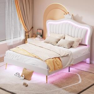 Letto per bambini 140x200 cm, imbottito, bianco, con illuminazione a LED, testiera a forma di conchiglia con , struttura del letto senza materasso, completo di rete a listelli