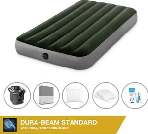 Letto ad aria Intex - 1 persona - 99 x 191 x 25 cm - Verde - Con pompa + lenzuola antracite + cuscino + federe Molton 2 in 1 + set di riparazione