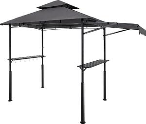 Gazebo per barbecue, 2,43 x 1,5 m, tetto a doppio strato, gazebo rinforzato per barbecue con tenda extra, riparo per barbecue in acciaio verniciato a polvere con 2 ripiani laterali e ganci, tettoia per barbecue da esterno per giardino