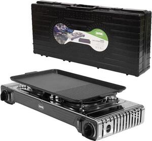 Fornello a gas portatile a 2 fuochi, con piastra grill inclusa - ghisa e acciaio inossidabile - potenza 22 kW x 2