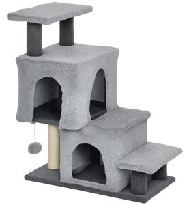 PawHut Scaletta per Gatti a 4 Gradini Regolabile in Altezza con 2 Casette, Palo Tiragraffi e Pallina, Grigio | Aosom Italy