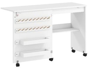 HOMCOM Tavolo per Macchina da Cucire Pieghevole con Porta Magnetica 2 Scomparti Ripiano 18 Supporti per Fili 5 Ruote Bianco | Aosom Italy