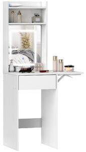 HOMCOM Tavolo da Trucco Compatto con Specchio e Illuminazione a LED, Piano Pieghevole, Mensole Aperte, Cassetto, MDF, Bianco | Aosom Italy