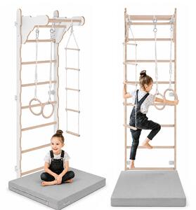 Scala ginnica per bambini (210 cm), Scala a muro in legno, Struttura per arrampicata per bambini, Ruote ginniche, Materasso protettivo