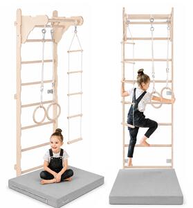 Scala ginnica per bambini (210 cm), Scala a muro in legno, Struttura per arrampicata per bambini, Ruote ginniche, Materasso protettivo