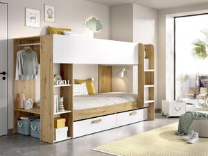 Letto a castello 2 x 90 x 200 cm con vani portaoggetti e bastone appendiabiti Bianco e Naturale - OZANA