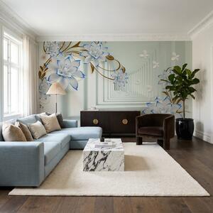 Carta da parati Fiori bianchi e blu su sfondo bianco, Carta da parati lastrazione, Carta da parati popolare, u47046v2 - Tapeko.it