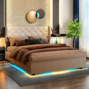 Letto gonfiabile con spazio contenitore - 140x190 cm, colore beige, rivestito in velluto - meccanismo a gas integrato, include lampada da tavolo regolabile e porta USB