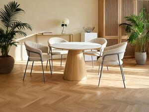 Tavolo da pranzo tondo 4 persone in ceramica e impiallacciatura Frassino - Effetto marmo bianco e naturale chiaro - ANTALIZA
