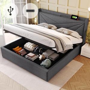 Letto imbottito 90x200 cm con letto estraibile, illuminazione LED, prese USB e di tipo C, rivestito in velluto color beige, divano letto con poggiatesta e schienale