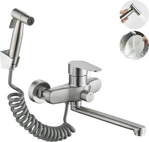 Miscelatore da cucina da montare a parete, finitura in nichel spazzolato, bocchetta da 23 cm, girevole, con erogatore a spruzzo, in acciaio inossidabile, adatto per