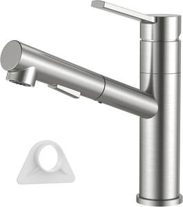 Miscelatore da cucina con doccetta estraibile, realizzato in acciaio inossidabile SUS304, con 2 tipi di getto, girevole a 120° e finitura in acciaio spazzolato