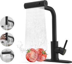 Miscelatore da cucina a cascata, nero, con doccetta estraibile, 3 tipi di getto, rotazione a 360°, confezione singola