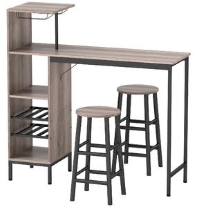 HOMCOM Set tavolo da bar 3 pezzi con ripiani, portabottiglie, portabicchieri e 2 sgabelli con poggiapiedi, Grigio | Aosom Italy