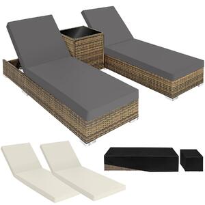 Tectake 2 lettini prendisole in rattan con telaio in alluminio, tavolo e telo protettivo - naturale