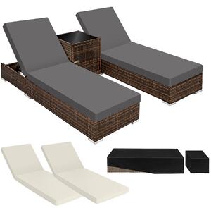 Tectake 2 lettini prendisole in rattan con telaio in alluminio, tavolo e telo protettivo - marrone