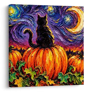 Quadro su tela – Gatto tra zucche e luna
