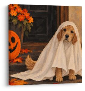 Quadro su tela – Cagnolino di Halloween sotto il lenzuolo