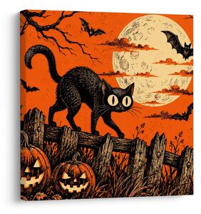 Quadro su tela – Gatto di Halloween tra le zucche