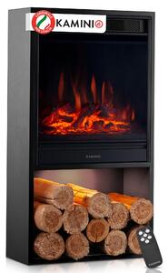 KAMINIO Camino elettrico HUGO - Stufa elettrica con riscaldamento, effetto fiamma 3D, luce d'atmosfera a LED, vano legna, telecomando - Nero