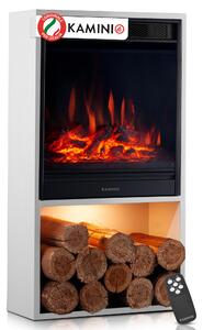 KAMINIO Camino elettrico HUGO - Stufa elettrica con riscaldamento, effetto fiamma 3D, luce d'atmosfera a LED, vano legna, telecomando - Bianco