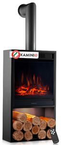 KAMINIO Camino elettrico HUGO con tubo di scarico - Camino elettrico con riscaldamento, effetto fiamma 3D, luce d'atmosfera a LED, vano legna, telecomando - Nero