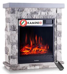 KAMINIO Camino elettrico JUAN - Camino elettrico da appoggio effetto pietra con funzione riscaldante, effetto fiamma 3D, telecomando (grigio)