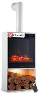 KAMINIO Camino elettrico HUGO con tubo di scarico - Camino elettrico con riscaldamento, effetto fiamma 3D, luce d'atmosfera a LED, vano legna, telecomando - Bianco
