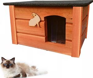 QLS Casetta per gatti in legno 60x44 cm isolata in teak resistente all'inverno montata all'aperto 10993