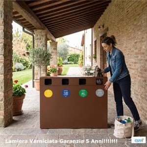 Pattumiera, Mobiletto per raccolta differenziata in acciaio | 4 scomparti da 240Lt Dimensioni 30x120xh 80 cm 4 scomparti da 240 litri totali 4 Etichette colore Corten