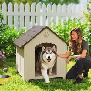 AllMyPets Cuccia per Cani Grandi da Esterno Rialzata con Tetto Inclinato e Prese d'Aria in PP 102x94x103 cm colore Beige e Marrone Scuro