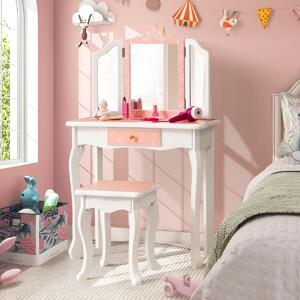 Costway Toletta da trucco per bambine con sgabello specchio triplo cassetto, Postazione trucco a tema fiocco di neve Rosa