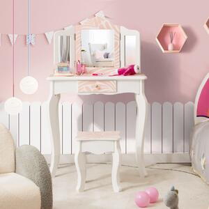 Costway Toeletta trucco per bambine con triplo specchio pieghevole e sgabello fantasia zebrata, Postazione trucco Rosa