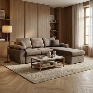 DecHome Divano Angolare 3 Posti Moderno con Chaise Longue Letto Estraibile Vano Contenitore in Tessuto Dimensioni 260x182x89 cm colore Cappuccino -