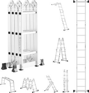 Scala pieghevole multiuso 7 in 1, 3 gradini, sbraccio di 12 piedi, design robusto, uso versatile, ideale per progetti di lavoro e domestici