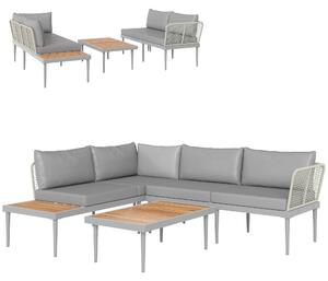 Outsunny Set da Esterno 3 Pezzi con 2 Divanetti 2 Posti e Tavolino Basso, in Rattan e Acciaio Grigio e color Legno