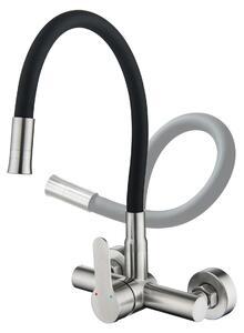 Miscelatore da cucina da montare a parete, con bocchetta flessibile a 360°, disponibile in finitura nickel e nero, ideale per la cucina