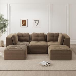 Divano angolare modulare con poggiapiedi, divano a 3 posti in tessuto corda color marrone, dimensioni 297x177x69 cm, divano da assemblare con seduta profonda 74 cm