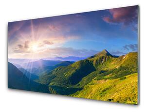 Quadro su vetro Prato di montagna Sole Paesaggio 100x50 cm 2 appendini