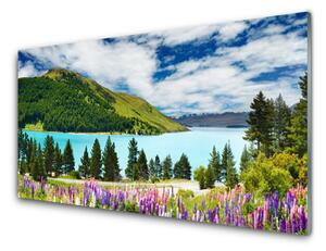 Quadro su vetro acrilico Paesaggio del lago della foresta di montagna 100x50 cm 2 appendini