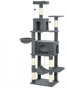 PawHut Albero Tiragraffi per Gatti Alto 202 cm con 6 Pali in Sisal, 2 Casette, 2 Amache e Lettino, Grigio | Aosom Italy